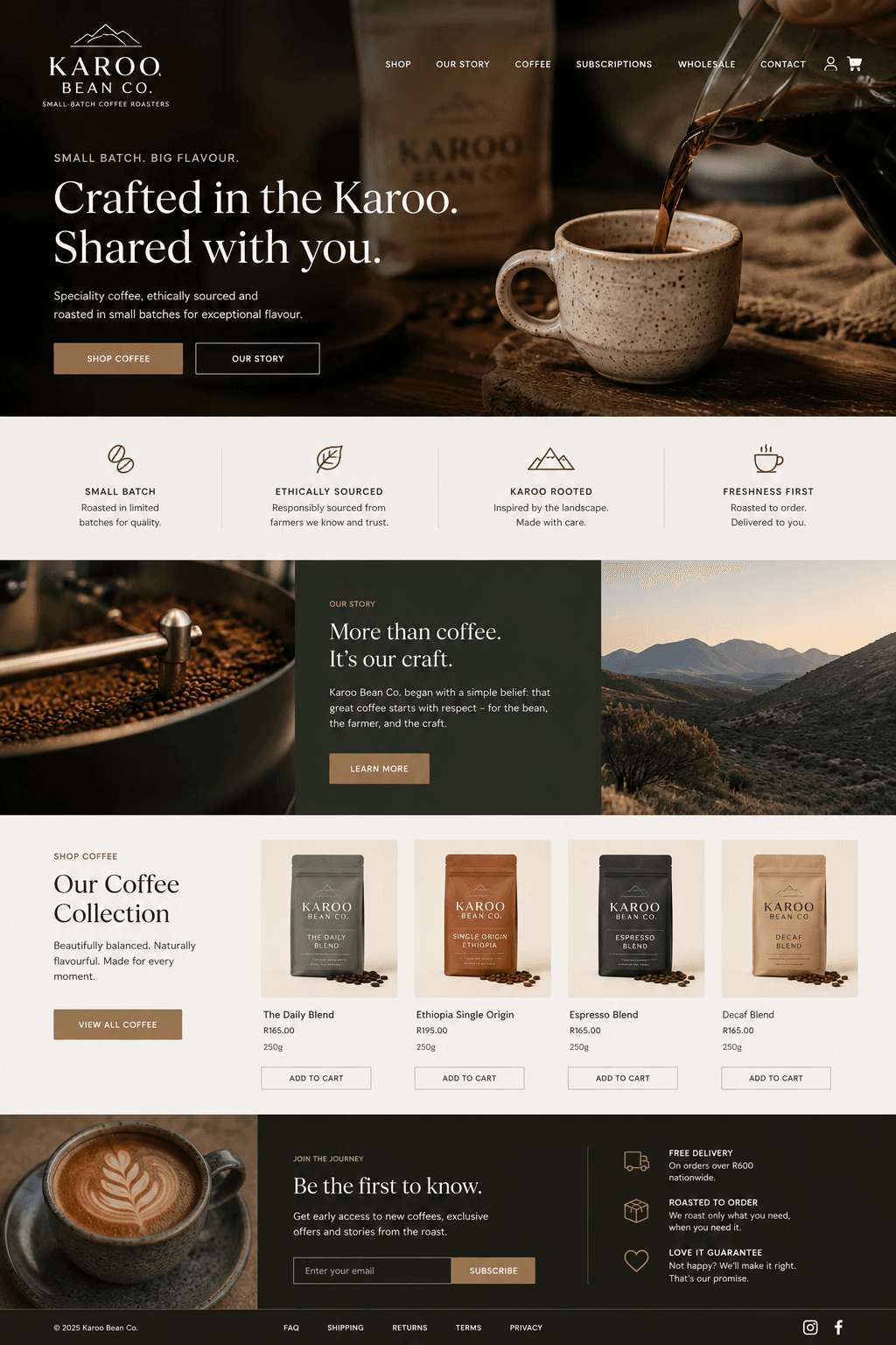 Karoo Bean Co. website design — hero, our story, coffee collection, and newsletter sections