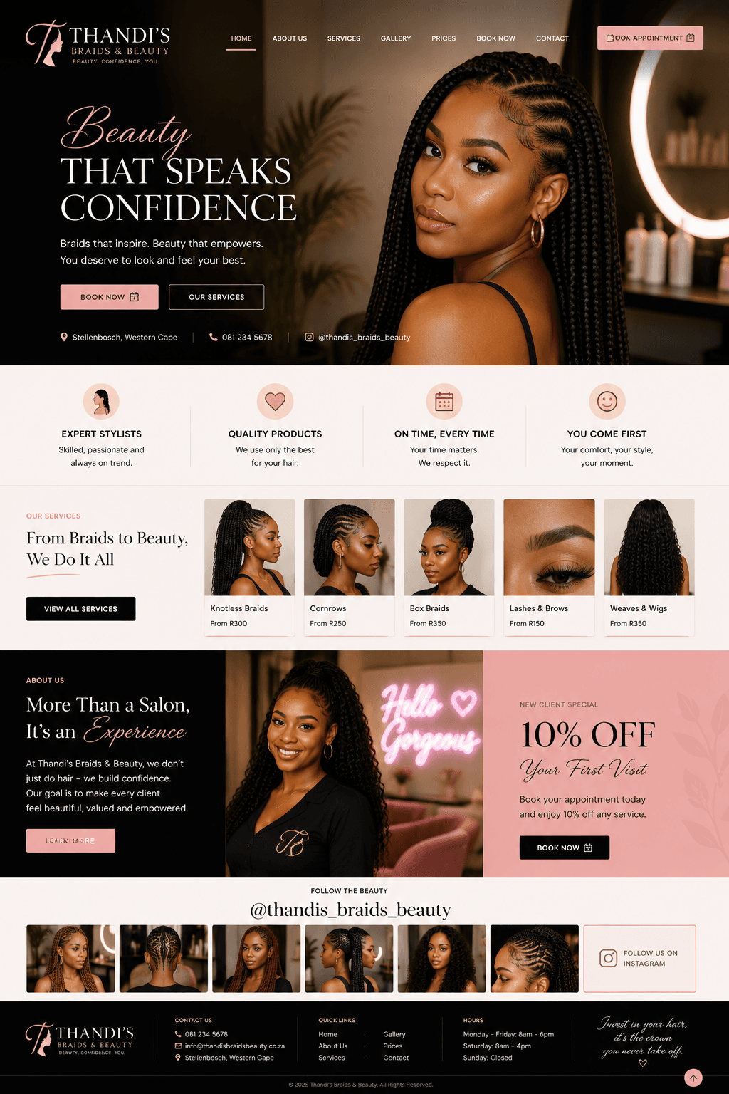 Thandi's Braids & Beauty website design — hero, services, about, and Instagram sections