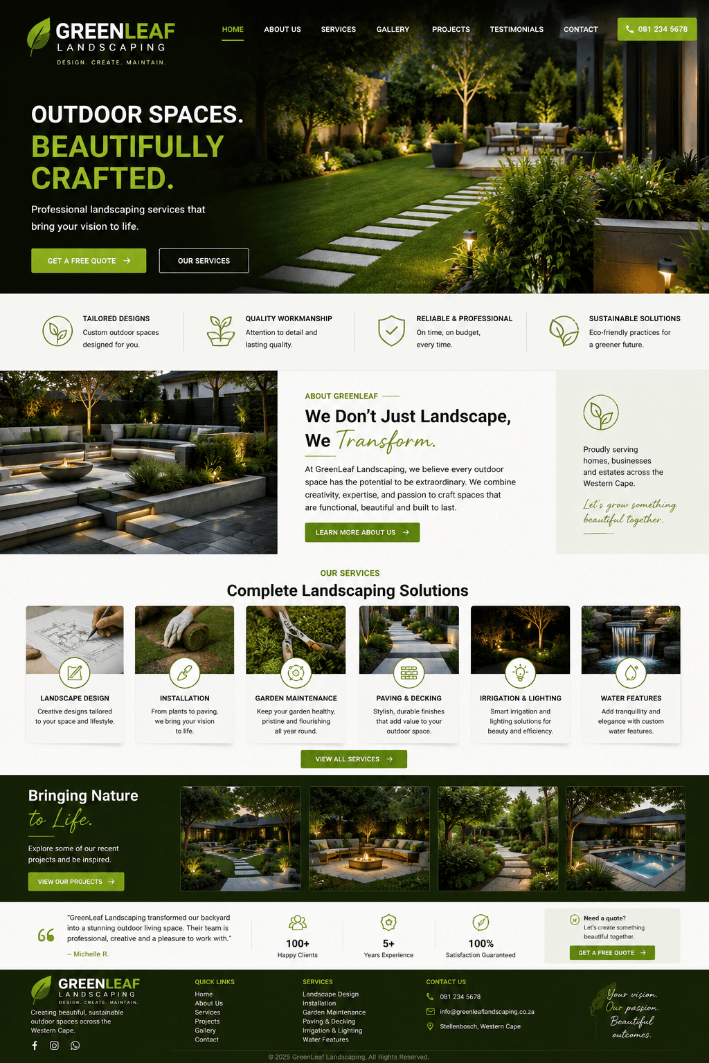 GreenLeaf Landscaping website design — hero, about, services, and projects sections